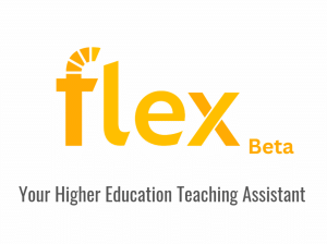 A logo with the text "flex Beta", "Your Virtual TA for Higher Education" in gray text. Faster Prep, Improved Grading, Engaged Students.