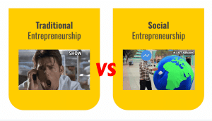 A comparison image with two sections: "Traditional Entrepreneurship" on the left showing a person looking stressed with the word "SHOW" in the corner, and "Social Entrepreneurship" on the right showing a person interacting with a large globe and the hashtag #JUSTUSEBANANO. Use this visual to create lesson plans that highlight these key differences.